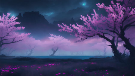 Evening dark landscape with sakura on the seashoreの素材
