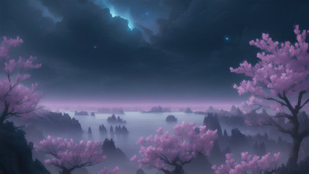 Evening dark landscape with sakura on the seashoreの素材
