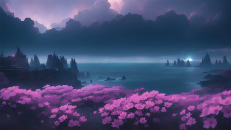 Evening dark landscape with sakura on the seashoreの素材