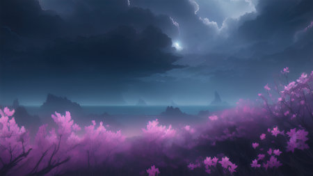 Evening dark landscape with sakura on the seashoreの素材