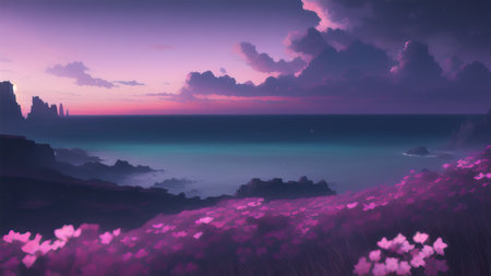 Evening dark landscape with sakura on the seashoreの素材