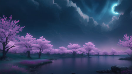 Evening dark landscape with sakura on the seashoreの素材