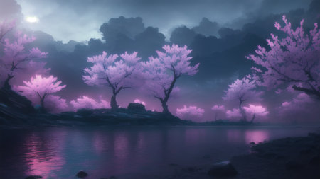 Evening dark landscape with sakura on the seashoreの素材