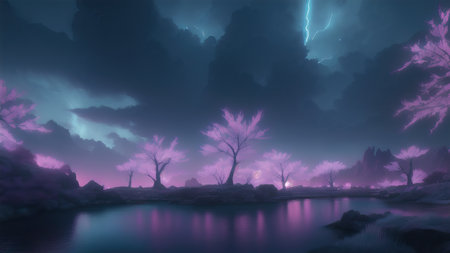 Evening dark landscape with sakura on the seashoreの素材