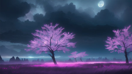 Evening dark landscape with sakura on the seashoreの素材