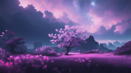 Evening dark landscape with sakura on the seashoreの素材