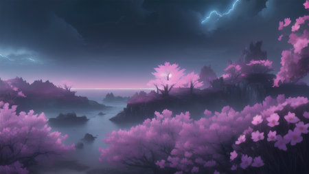 Evening dark landscape with sakura on the seashoreの素材