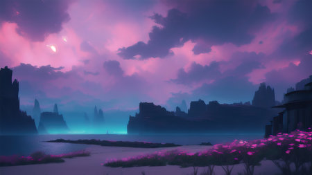 Evening dark landscape with sakura on the seashoreの素材