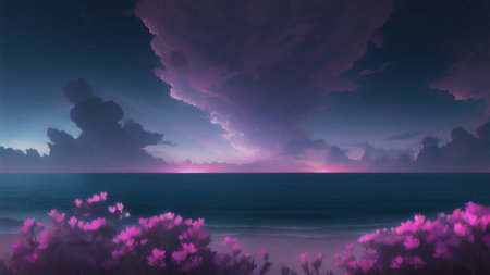 Evening dark landscape with sakura on the seashoreの素材