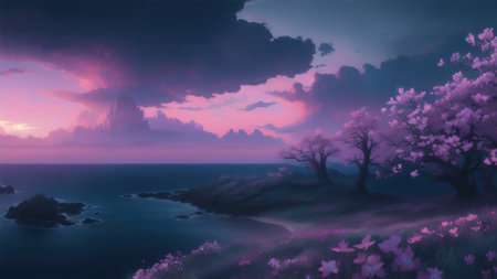 Evening dark landscape with sakura on the seashoreの素材