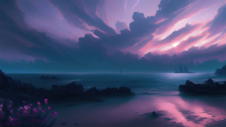 Evening dark landscape with sakura on the seashoreの素材