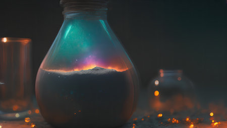 Space in a bottle. A beautiful scene of a bottle and the space objects inside. Abstraction, illustration.の素材