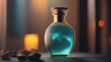 Space in a bottle. A beautiful scene of a bottle and the space objects inside. Abstraction, illustration.の素材