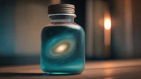 Space in a bottle. A beautiful scene of a bottle and the space objects inside. Abstraction, illustration.の素材