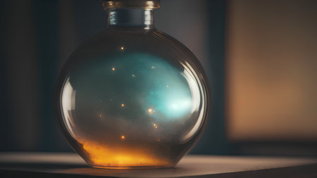 Space in a bottle. A beautiful scene of a bottle and the space objects inside. Abstraction, illustration.の素材