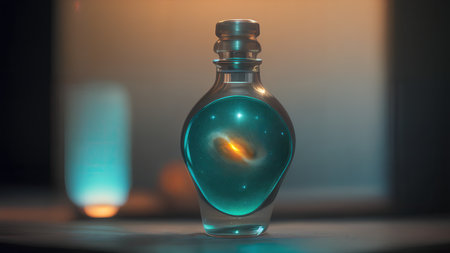 Space in a bottle. A beautiful scene of a bottle and the space objects inside. Abstraction, illustration.の素材