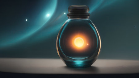 Space in a bottle. A beautiful scene of a bottle and the space objects inside. Abstraction, illustration.の素材