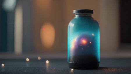 Space in a bottle. A beautiful scene of a bottle and the space objects inside. Abstraction, illustration.の素材
