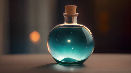 Space in a bottle. A beautiful scene of a bottle and the space objects inside. Abstraction, illustration.の素材