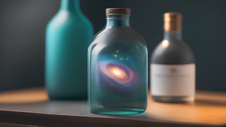 Space in a bottle. A beautiful scene of a bottle and the space objects inside. Abstraction, illustration.の素材