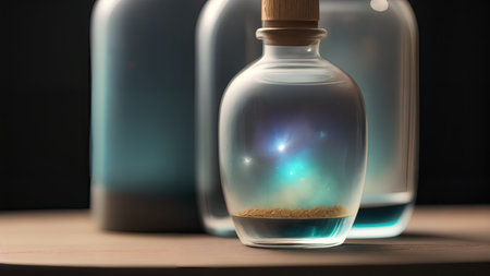 Space in a bottle. A beautiful scene of a bottle and the space objects inside. Abstraction, illustration.の素材