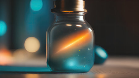 Space in a bottle. A beautiful scene of a bottle and the space objects inside. Abstraction, illustration.の素材
