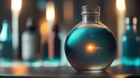 Space in a bottle. A beautiful scene of a bottle and the space objects inside. Abstraction, illustration.の素材