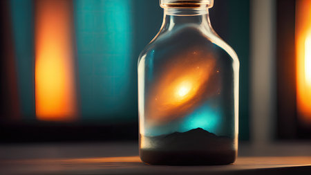 Space in a bottle. A beautiful scene of a bottle and the space objects inside. Abstraction, illustration.の素材