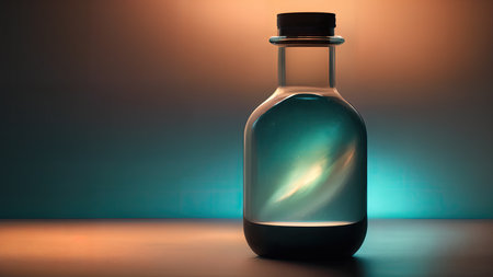 Space in a bottle. A beautiful scene of a bottle and the space objects inside. Abstraction, illustration.の素材