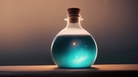 Space in a bottle. A beautiful scene of a bottle and the space objects inside. Abstraction, illustration.の素材