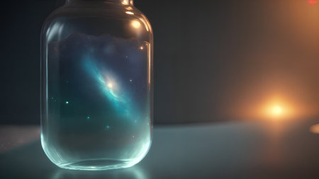 Space in a bottle. A beautiful scene of a bottle and the space objects inside. Abstraction, illustration.の素材