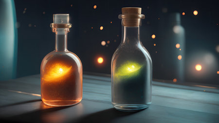 Space in a bottle. A beautiful scene of a bottle and the space objects inside. Abstraction, illustration.の素材