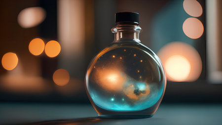 Space in a bottle. A beautiful scene of a bottle and the space objects inside. Abstraction, illustration.の素材