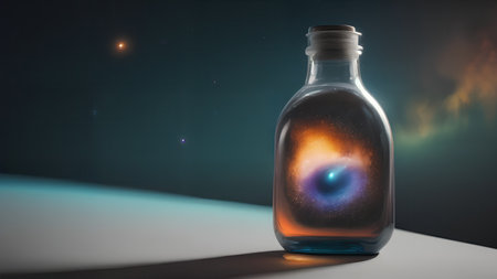 Space in a bottle. A beautiful scene of a bottle and the space objects inside. Abstraction, illustration.の素材