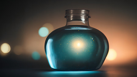 Space in a bottle. A beautiful scene of a bottle and the space objects inside. Abstraction, illustration.の素材