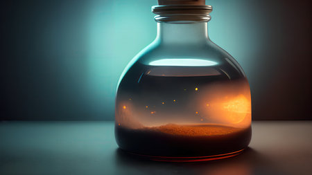 Space in a bottle. A beautiful scene of a bottle and the space objects inside. Abstraction, illustration.の素材