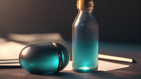 Space in a bottle. A beautiful scene of a bottle and the space objects inside. Abstraction, illustration.の素材