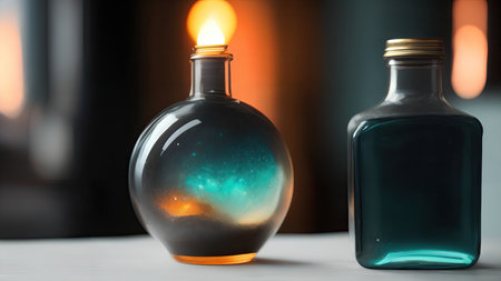 Space in a bottle. A beautiful scene of a bottle and the space objects inside. Abstraction, illustration.の素材