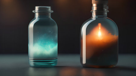 Space in a bottle. A beautiful scene of a bottle and the space objects inside. Abstraction, illustration.の素材