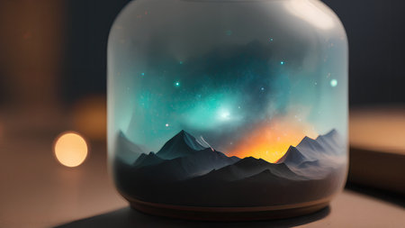 Space in a bottle. A beautiful scene of a bottle and the space objects inside. Abstraction, illustration.の素材