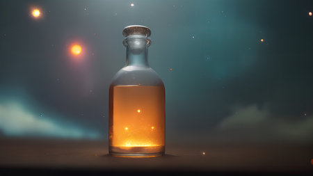 Space in a bottle. A beautiful scene of a bottle and the space objects inside. Abstraction, illustration.の素材