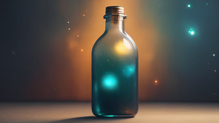 Space in a bottle. A beautiful scene of a bottle and the space objects inside. Abstraction, illustration.の素材