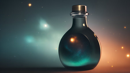 Space in a bottle. A beautiful scene of a bottle and the space objects inside. Abstraction, illustration.の素材