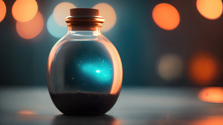 Space in a bottle. A beautiful scene of a bottle and the space objects inside. Abstraction, illustration.の素材