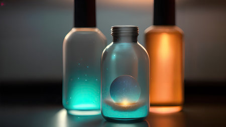 Space in a bottle. A beautiful scene of a bottle and the space objects inside. Abstraction, illustration.の素材