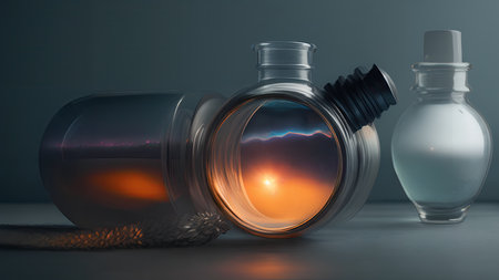 Space in a bottle. A beautiful scene of a bottle and the space objects inside. Abstraction, illustration.の素材