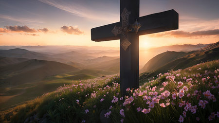 Religious Cross on the mountain at sunset. Landscape with flowers and a cross.の素材