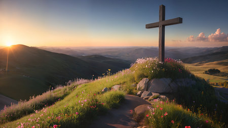 Religious Cross on the mountain at sunset. Landscape with flowers and a cross.の素材