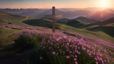 Religious Cross on the mountain at sunset. Landscape with flowers and a cross.の素材