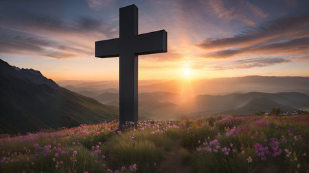 Religious Cross on the mountain at sunset. Landscape with flowers and a cross.の素材